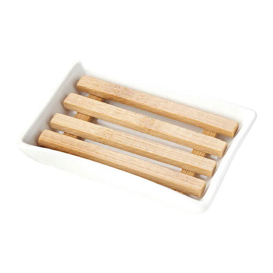 Keramikseifenschale, Weiß, mit Bambus-Abtropfgitter, Ovis Schafmilchseife, 11,5x8 cm