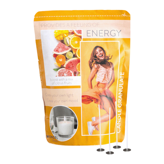 Kerzengranulat mit Duft zum Selbergießen, Energy, WENZEL, inkl. 4 Dochten & Dochthaltern, 400 g