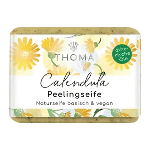 Kräuterschrubbelseife Calendula – vegan, THOMA Naturseifen-Manufaktur, mit hochwertigen Inhaltsstoffen, 100 g, Körperpflege