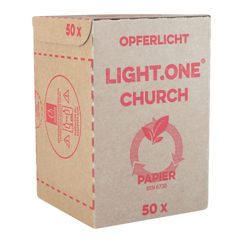LIGHT.ONE CHURCH, vegane Opferlichter mit 100% Rapswachsfüllung, WENZEL, Hülle aus 100% Papier, Brenndauer ca. 3,5h, 25/42 mm, 100% plastikfrei, Box mit 50 Stück