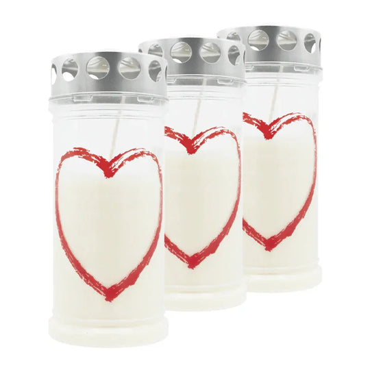 MEMORIAM-Motivkerze „Beschreibbares Herz“, Nr. 418, AETERNA, mit Silberdeckel, 75/170 mm, 30% Ölgehalt, Brenndauer 4 Tage, Lieferumfang 3 Stück, Grabkerzen