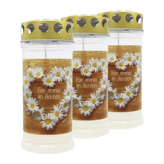 MEMORIAM-Motivkerze „Für immer im Herzen“, Nr. 414, AETERNA, mit Golddeckel, 75/170 mm, 30% Ölgehalt, Brenndauer 4 Tage, Lieferumfang 3 Stück, Grabkerzen