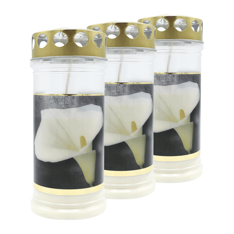MEMORIAM-Motivkerze „Gold Calla", Nr. 416, AETERNA, mit Golddeckel, 75/170 mm, 30% Ölgehalt, Brenndauer 4 Tage, Lieferumfang 3 Stück, Grabkerzen