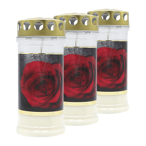 MEMORIAM-Motivkerze „Gold Rose", Nr. 417, AETERNA, mit Golddeckel, 75/170 mm, 30% Ölgehalt, Brenndauer 4 Tage, Lieferumfang 3 Stück, Grabkerzen