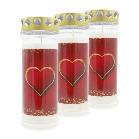 MEMORIAM-Motivkerze „Rotes Herz“, Nr. 641, AETERNA, mit Golddeckel, 75/210 mm, 30% Ölgehalt, Brenndauer 7 Tage, Lieferumfang 3 Stück, Grabkerzen
