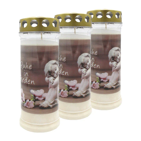 MEMORIAM-Motivkerze „Ruhe in Frieden", Nr. 615, AETERNA, mit Golddeckel, 75/210 mm, 30% Ölgehalt, Brenndauer 7 Tage, Lieferumfang 3 Stück, Grabkerzen