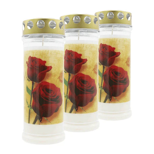 MEMORIAM-Motivkerze „Zwei Rosen“, Nr. 640, AETERNA, mit Golddeckel, 75/210 mm, 30% Ölgehalt, Brenndauer 7 Tage, Lieferumfang 3 Stück, Grabkerzen