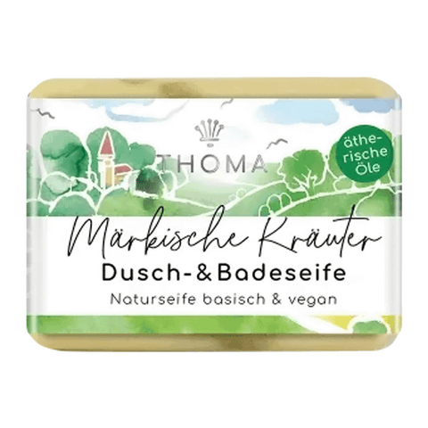 Märkische Kräuterseife – vegan, THOMA Naturseifen-Manufaktur, mit wertvollen Kräutern, Sheabutter & kaltgepresstem Bio-Jojobaöl, 100 g, Körperpflege