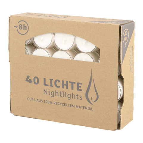 Nightlights, Teelichter, WENZEL, 24/38 mm, Brenndauer ca. 8h, transp. Hülle, 40 Stück