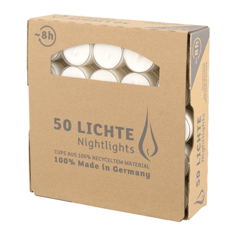 Nightlights, WENZEL-Teelichter, Brenndauer ca. 8h, 24/38 mm, transp. Hülle, 50 Stück pro Verpackung - luterna.de