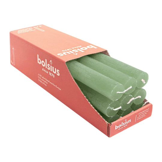 Stabkerzen Rustik, 23/270 mm, Olivgrün, BOLSIUS, Brenndauer ca. 13h, 9 Stück pro Verpackung