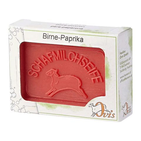 Ovis Schafmilchseife Birne-Paprika, 100% Bio, für die tägliche Dusche, eckig, 100 g, verpackt - luterna.de