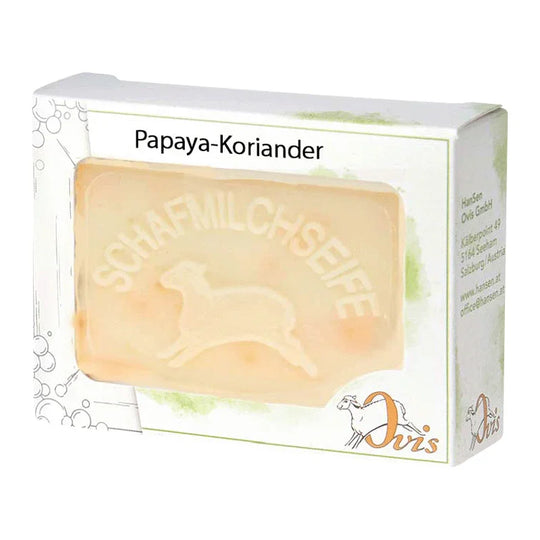 Ovis Schafmilchseife Papaya-Koriander, 100% Bio, für die tägliche Dusche, eckig, 100 g, verpackt