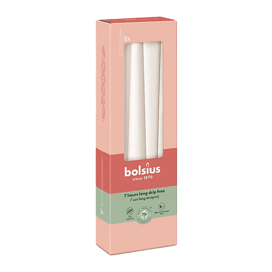 Spitzkerzen, Wolkiges Weiß, BOLSIUS Essentials, 24/245 mm, Brenndauer ca. 7h, 8 Stück pro Verpackung