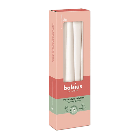 Spitzkerzen, Wolkiges Weiß, BOLSIUS Essentials, 24/245 mm, Brenndauer ca. 7h, 8 Stück pro Verpackung