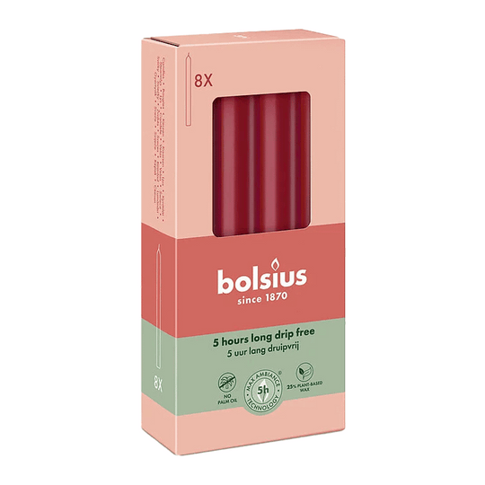 Stabkerzen, Samtrot, BOLSIUS Essentials, 20/170 mm, Brenndauer ca. 5h, 8 Stück pro Verpackung, Torpedokerzen, Dinnerkerzen