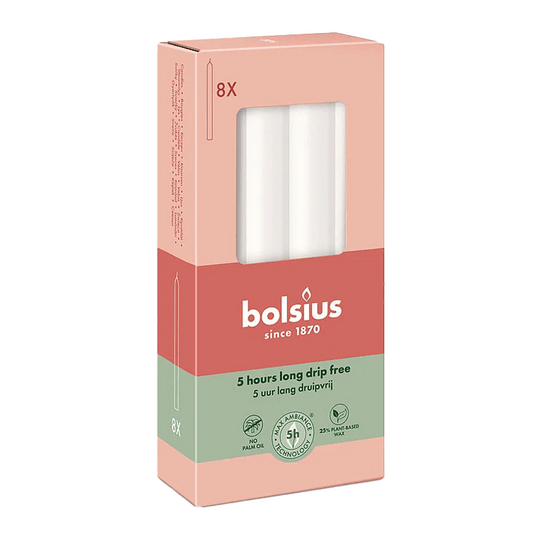 Stabkerzen, Wolkiges Weiß, BOLSIUS Essentials, 20/170 mm, Brenndauer ca. 5h, 8 Stück pro Verpackung, Torpedokerzen, Dinnerkerzen