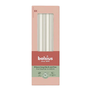 Stabkerzen, Wolkiges Weiß, BOLSIUS Essentials, 20/230 mm, Brenndauer ca. 8h, 8 Stück pro Verpackung, Torpedokerzen, Dinnerkerzen