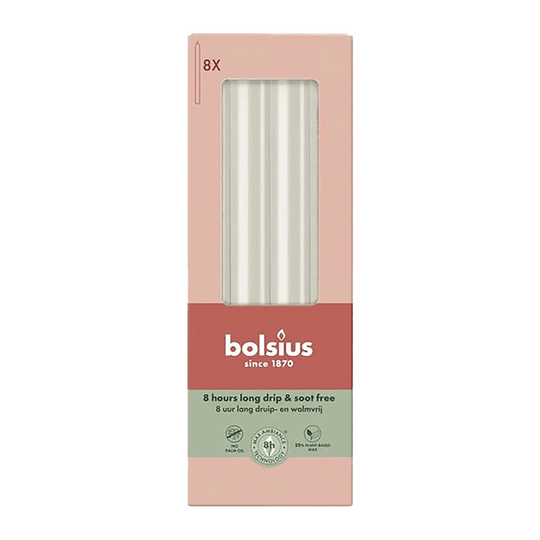 Stabkerzen, Wolkiges Weiß, BOLSIUS Essentials, 20/230 mm, Brenndauer ca. 8h, 8 Stück pro Verpackung, Torpedokerzen, Dinnerkerzen