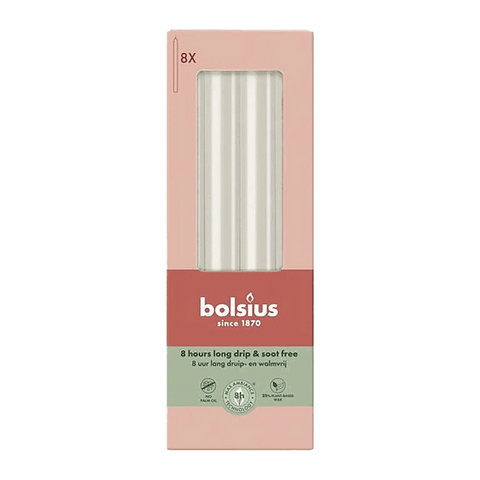 Stabkerzen, Wolkiges Weiß, BOLSIUS Essentials, 20/230 mm, Brenndauer ca. 8h, 8 Stück pro Verpackung, Torpedokerzen, Dinnerkerzen