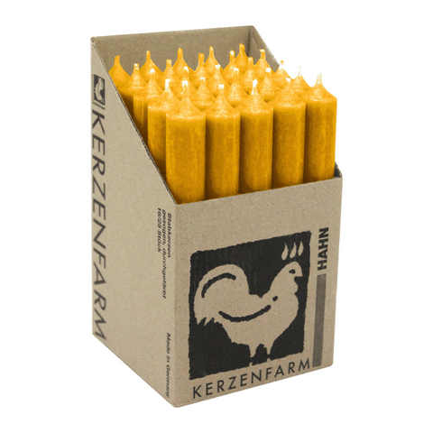 Stabkerzen aus Paraffin, 180/22 mm, Currygelb, KERZENFARM HAHN, Brenndauer ca. 8h, 25 Stück pro Verpackung - luterna.de