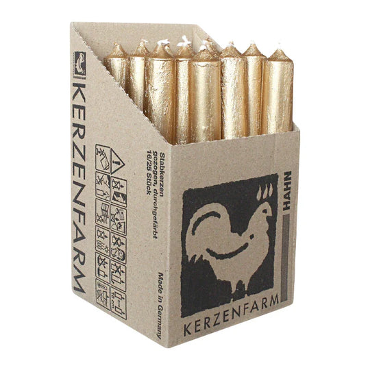 Stabkerzen aus Paraffin, 180/22 mm, Rustikal, Gold, KERZENFARM HAHN, Brenndauer ca. 8h, 16 Stück pro Verpackung