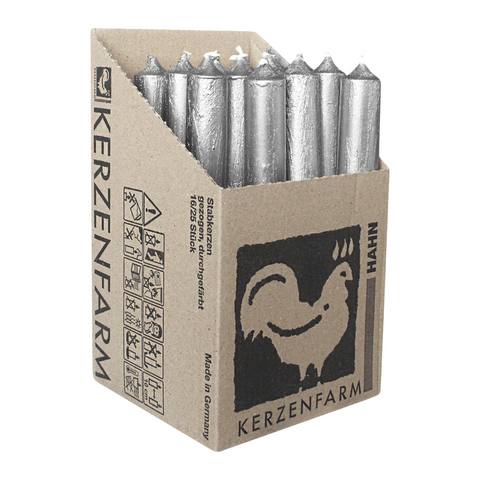 Stabkerzen aus Paraffin, 180/22 mm, Rustikal, Silber, KERZENFARM HAHN, Brenndauer ca. 8h, 16 Stück pro Verpackung - luterna.de