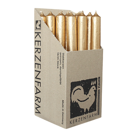 Stabkerzen aus Paraffin, 250/22 mm, Rustikal, Gold, KERZENFARM HAHN, Brenndauer ca. 12h, 16 Stück pro Verpackung - luterna.de