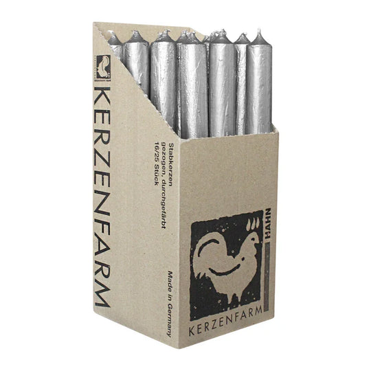 Stabkerzen aus Paraffin, 250/22 mm, Rustikal, Silber, KERZENFARM HAHN, Brenndauer ca. 12h, 16 Stück pro Verpackung