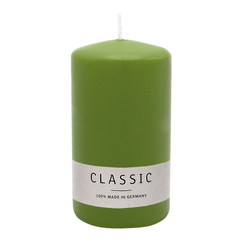 Stumpenkerze aus Paraffin, Olive, WENZEL, 100/60 mm, Brenndauer ca. 29h, selbstverlöschend