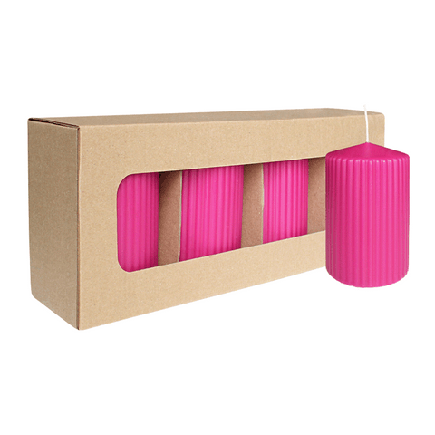 Stumpenkerze mit Rillen aus Paraffin, Fuchsia, WENZEL, 130/70 mm, Brenndauer ca. 57h, selbstverlöschend, 4 Stück