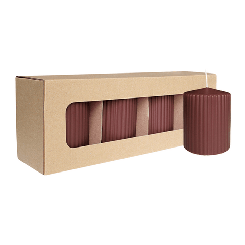 Stumpenkerze mit Rillen aus Paraffin, Marone, WENZEL, 90/70 mm, Brenndauer ca. 39h, selbstverlöschend, 4 Stück