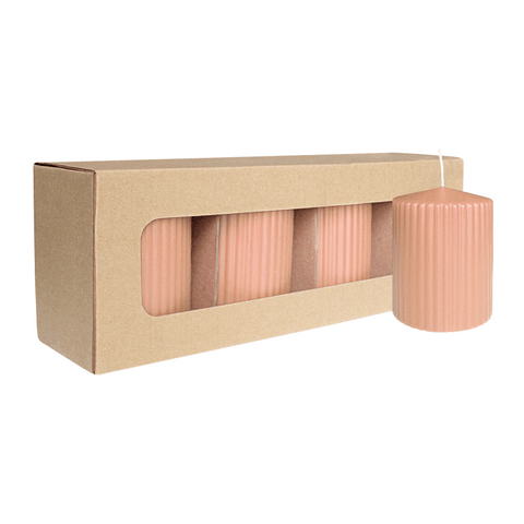 Stumpenkerze mit Rillen aus Paraffin, Peach, WENZEL, 90/70 mm, Brenndauer ca. 39h, selbstverlöschend, 4 Stück