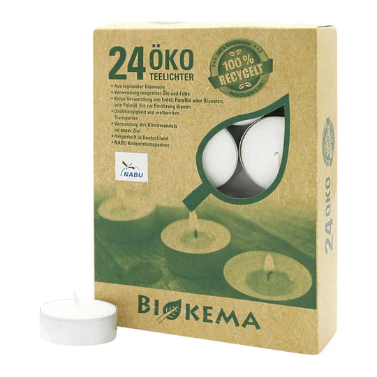 100% ÖKO-TEELICHTER aus regionaler Bio-Masse, BIOKEMA, Ø38 mm, Brenndauer ca. 4h, mit Aluminiumhülle, 24 Stück pro Verpackung