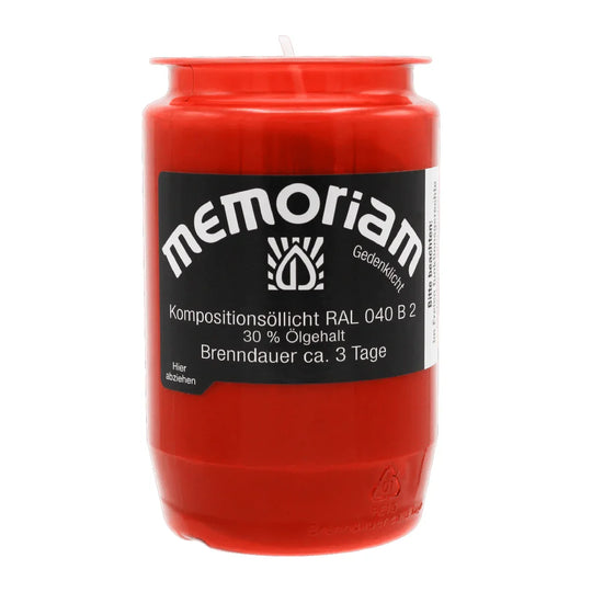 MEMORIAM-Kompositionsöllicht, Rot, Nr. 33, AETERNA, 30% Ölgehalt, Brenndauer ca. 3 Tage, 95/58 mm, Karton mit 20 Stück