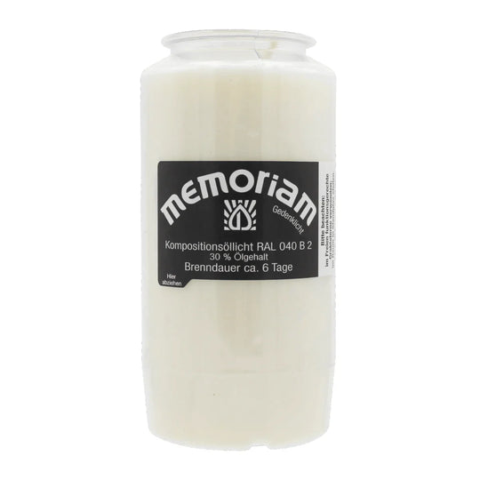 MEMORIAM-Kompositionsöllicht, Weiß, Nr. 733, AETERNA, 30% Ölgehalt, Brenndauer ca. 6 Tage, 136/68 mm, Karton mit 20 Stück