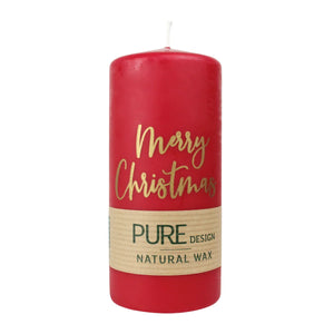 PURE NATURAL WAX, Karminrot-Gold, Stumpenkerze „Merry Christmas“, WENZEL, 130/60 mm, Brenndauer ca. 40h, 100% plastikfrei, 4 Stück