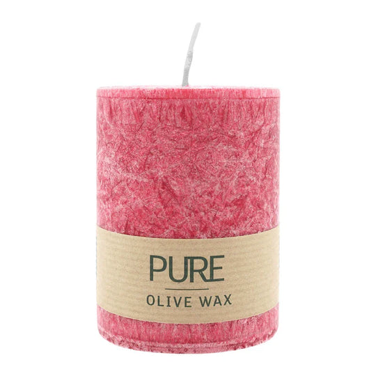 PURE OLIVE WAX, Karminrot, vegane Stumpenkerze, WENZEL, 90/70 mm, Brenndauer ca. 30h