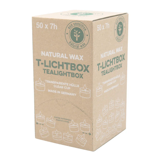 100% PURE NATURE LIGHTS, vegane Teelichter mit 100% Rapswachsfüllung, Brenndauer ca. 7h, T-Lichtbox mit 50 Stück