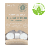 100% PURE NATURE LIGHTS, vegane Teelichter mit 100% Rapswachsfüllung, Brenndauer ca. 7h, T-Lichtbox mit 50 Stück - luterna.de