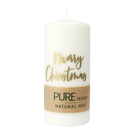 PURE NATURAL WAX, Natural-Gold, Stumpenkerze "Merry Christmas“, WENZEL, 130/60 mm, Brenndauer ca. 40h, 100% plastikfrei, 4 Stück