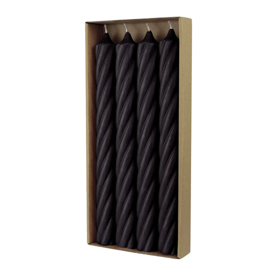 RUSTIC TWIST-Stabkerzen Schwarz, WENZEL, 250/28 mm, Brenndauer ca. 16h, plastikfrei, 4 Stück