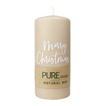 PURE NATURAL WAX, Sahara-Weiß, Stumpenkerze „Merry Christmas“, WENZEL, 130/60 mm, Brenndauer ca. 40h, 100% plastikfrei, 4 Stück
