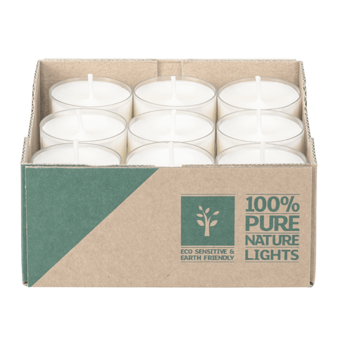 100% PURE NATURE LIGHTS, vegane Teelichter mit 100% Rapswachsfüllung, Brenndauer ca. 4h, 18/38 mm, 27 Stück pro Verpackung - luterna.de