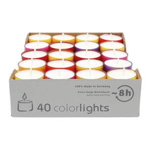 Colorlights Winter-Edition, WENZEL-Teelichter, Brenndauer ca. 8h, 24/38 mm, 40 Stück