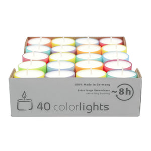 Colorlights Summer-Edition, WENZEL-Teelichter, Brenndauer ca. 8h, 24/38 mm, 40 Stück pro Verpackung