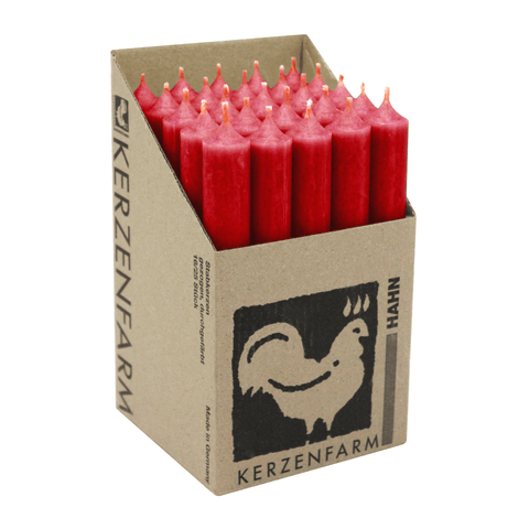 Stabkerzen aus Paraffin, 180/22 mm, Rot, KERZENFARM HAHN, Brenndauer ca. 8h, 25 Stück pro Verpackung - luterna.de