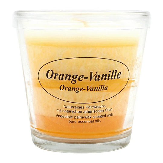 Duftkerze im Glas, Orange-Vanille, 100% pflanzliches Stearin, KERZENFARM HAHN, mit reinen ätherischen Ölen, Brenndauer ca. 24h