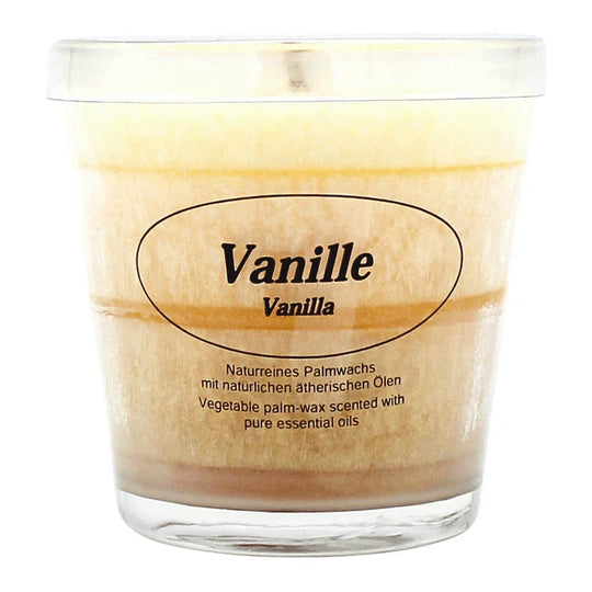 Duftkerze im Glas, Vanille, 100% pflanzliches Stearin, KERZENFARM HAHN, mit reinen ätherischen Ölen, Brenndauer ca. 24h