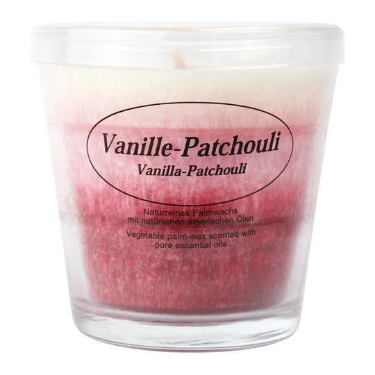 Duftkerze im Glas, Vanille-Patchouli, 100% pflanzliches Stearin, KERZENFARM HAHN, mit reinen ätherischen Ölen, Brenndauer ca. 24h